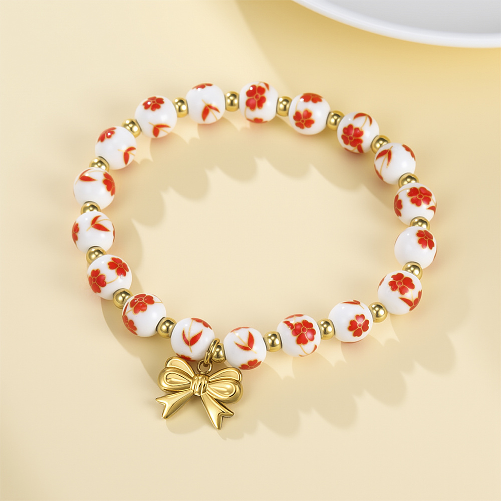 Ceramic Link Bracelet - Bunte Keramikperlen-Armbänder für Frauen mit Schleifen-Charm